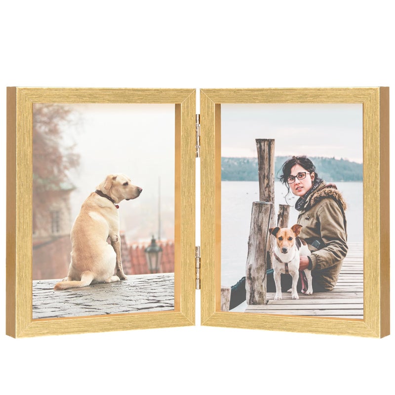 Forev 8x10 Double Picture Frame Wooden Hinged Photo Frame Definition Glass Stand Vertically on Desktop or Tabletop Gold - Image 1